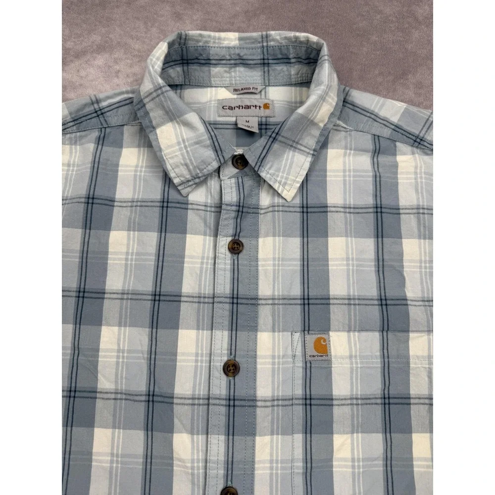 Carhartt Shirt Mens Medium Blue White Plaid Relaxed‎ Fit Button Up Pocket Casual